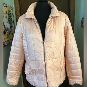 Chicos Ruffle Puffer Zip Front Packable Jacket Size Large in Peach Pink NWT